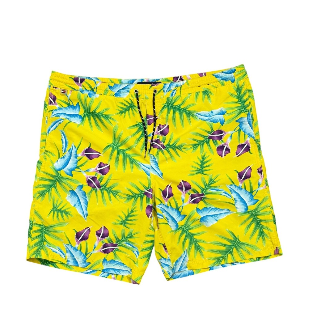 Tommy Hilfiger Tropical Floral Swim Trunks Yellow Board Shorts Mens‎ Size Large